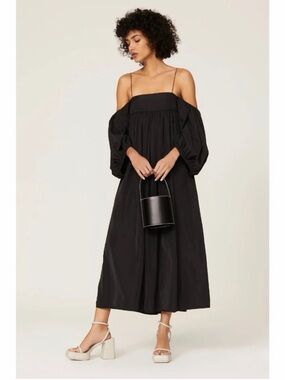 Cecilie Bahnsen Black Off-Shoulder Midi Dress with Spaghetti Straps